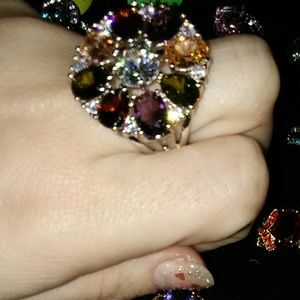 Valentine's gift silver ring with multiple gems